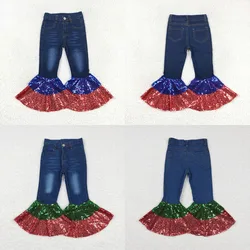 Wholesale Baby Girl Red Blue Sequins Denim Bell Bottom Pocket Pants Infant Trousers Kids Jeans Children Toddler July 4th Clothes