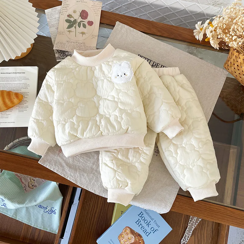 Children's Velvet Pants Set Autumn Winter Girls' Cartoon Embroidery Thickened Top Warm Windbreak Outfit Kids 2 Piece Suit