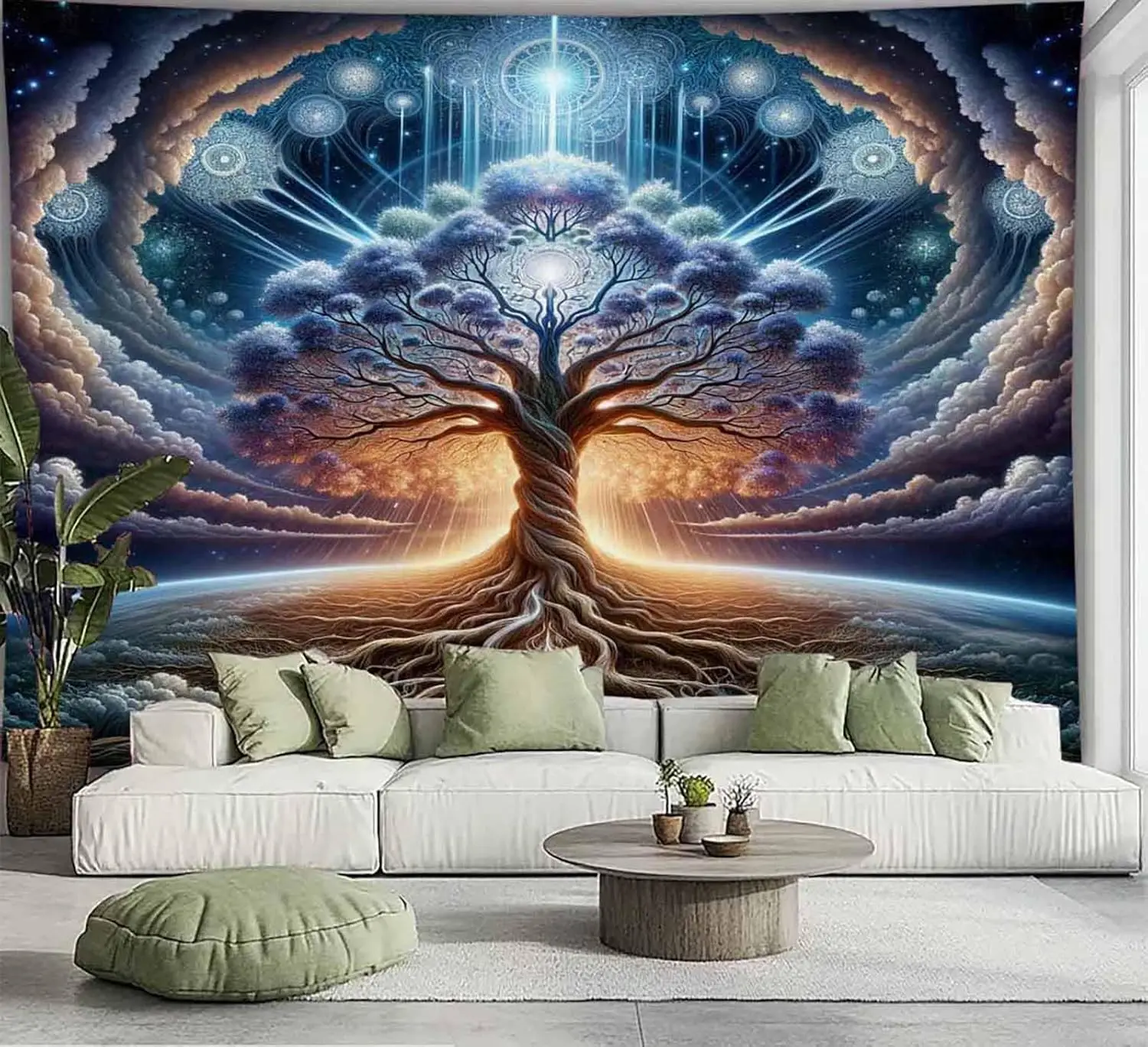 Tree Of Life Earth Tapestry Grey and Blue Galaxy Star Tapestry Aesthetics Wall Hanging Men's Bedroom, Space Night Sky Tapestries