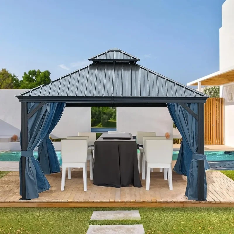 

10x12 FT Steel Canopy Outdoor Gazebo, Double Roof Permanent Hardtop Patio and Garden Shelter