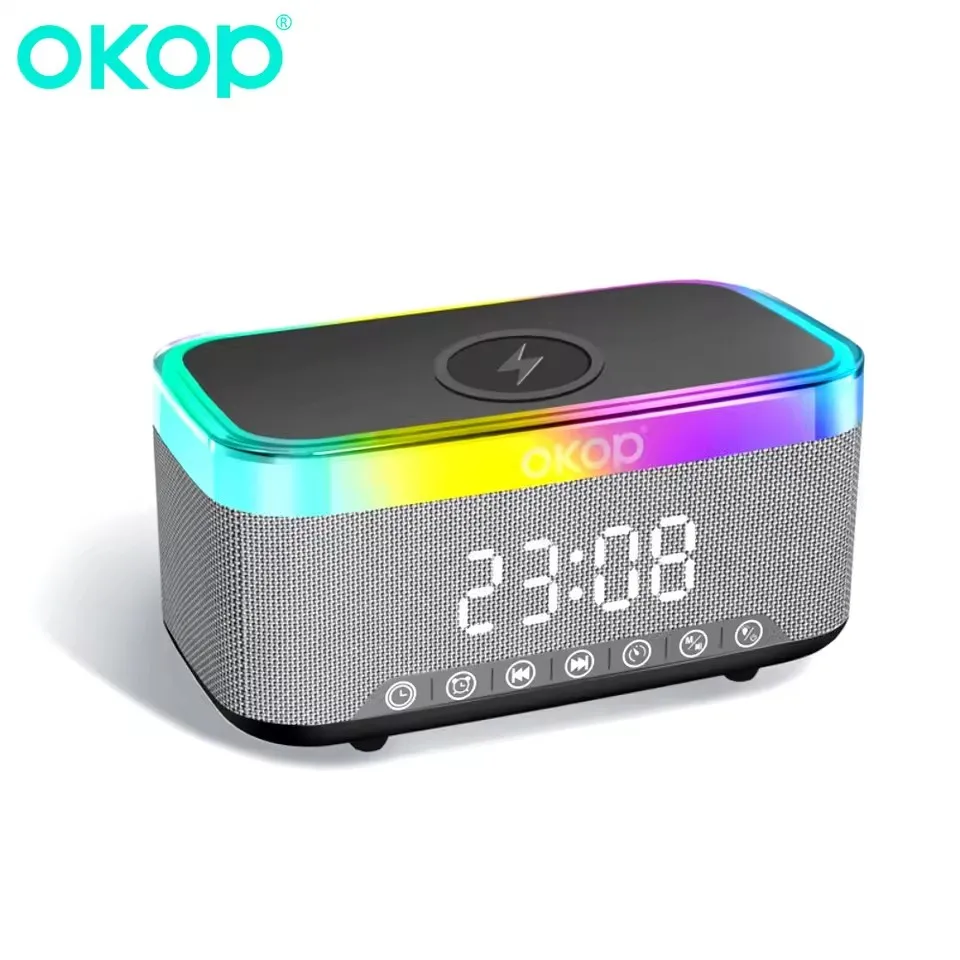 

OKOP Bluetooth Speaker 15W Power Wireless Charging,Clock Alarm Clock RGB Ambient Light White Noise Desktop Charger Speaker