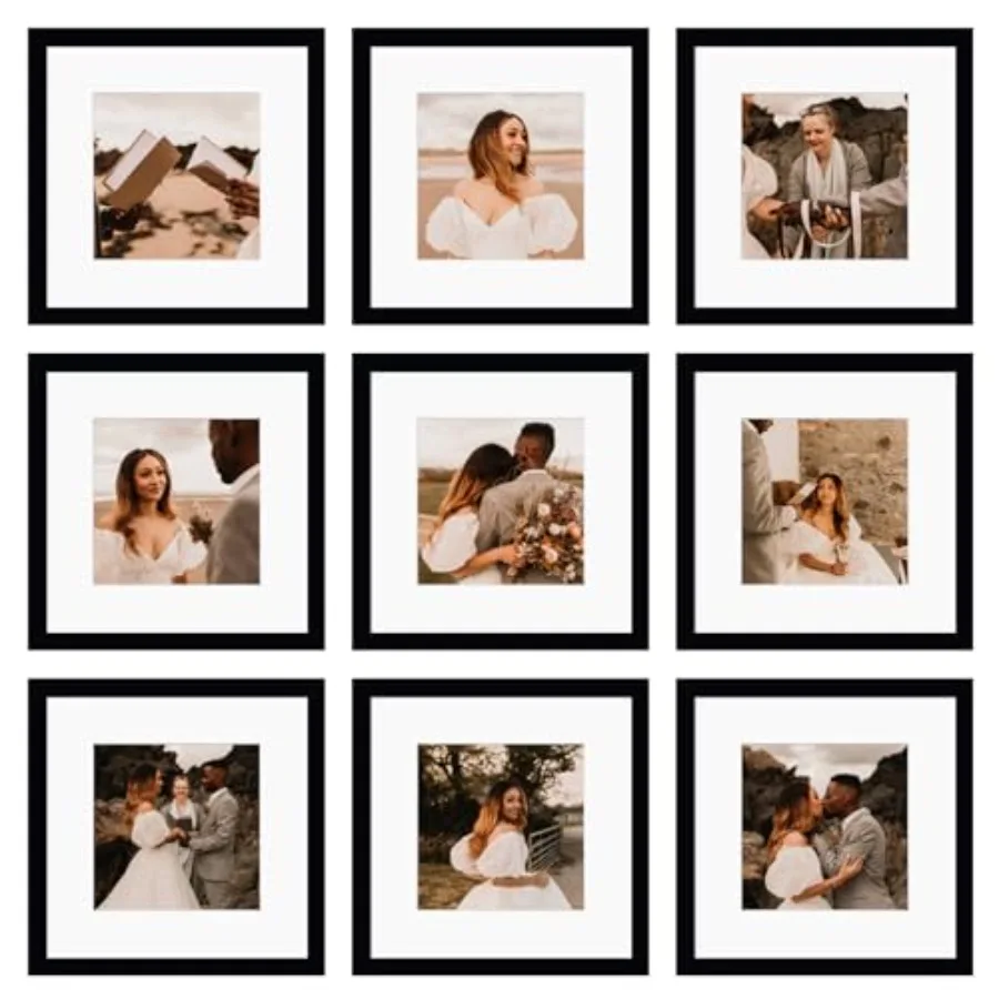 

12x12 Picture Frame Set of 9 Display Pictures 8x8 with Mat or 12x12 without Mat Multi Collage Gallery Square Photo Frames for W