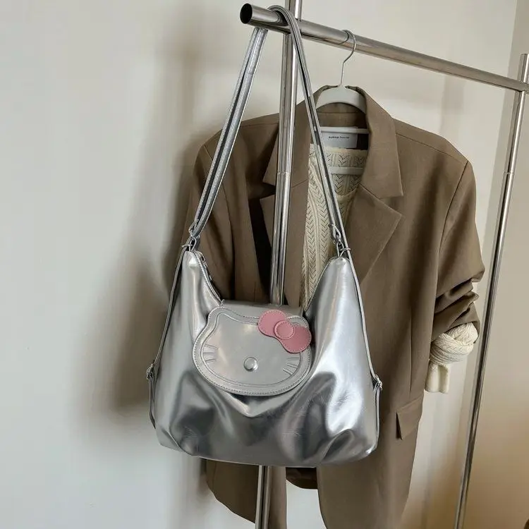 

Sanrio Hello Kitty Simple Trendy Silvery Handbag New Large Capacity Shoulder Backpack 2025 Versatile Commuting Leisure Tote Bag