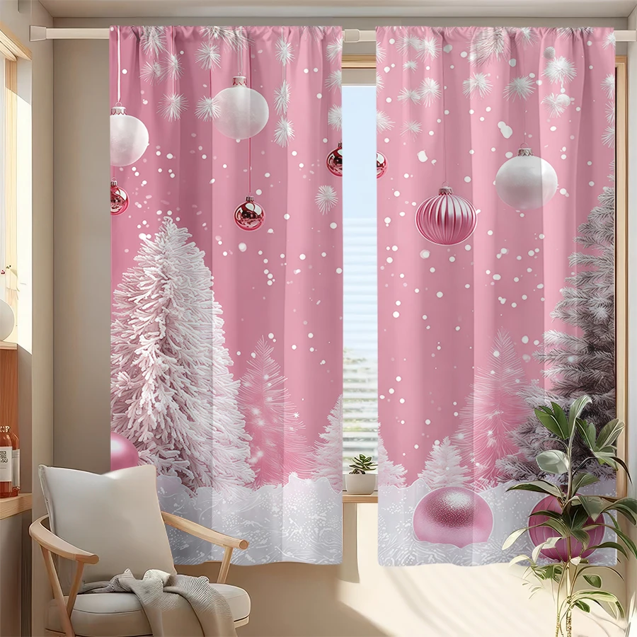2PCS Pink Christmas Curtains, Holiday Festive Print, Winter Window Drapes for Living Room Bedroom Home Decoration