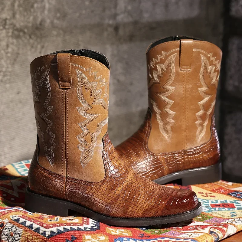 Men's Classic Retro Riding Boots Embossed Leather Embroidery Mens Mid-Calf Western Cowboy Boots Casual Shoes for Men