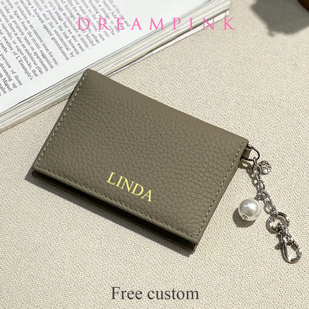 Custom Letters Women Card Wallet With Keychain Clip Personalized Name Dropshing Bifold Genuine Leather Credit Card Holder