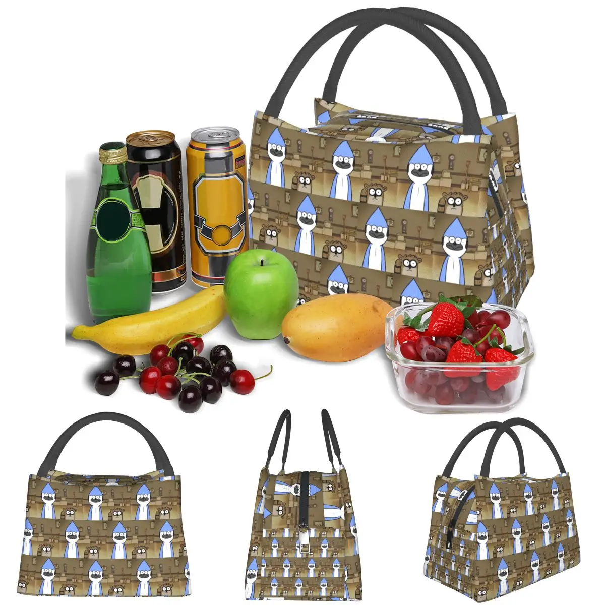 Mordecai And Rigby Lightweight Handheld Insulated Lunch Bag Aluminum Foil Liner for Adults Students Travel Picnic