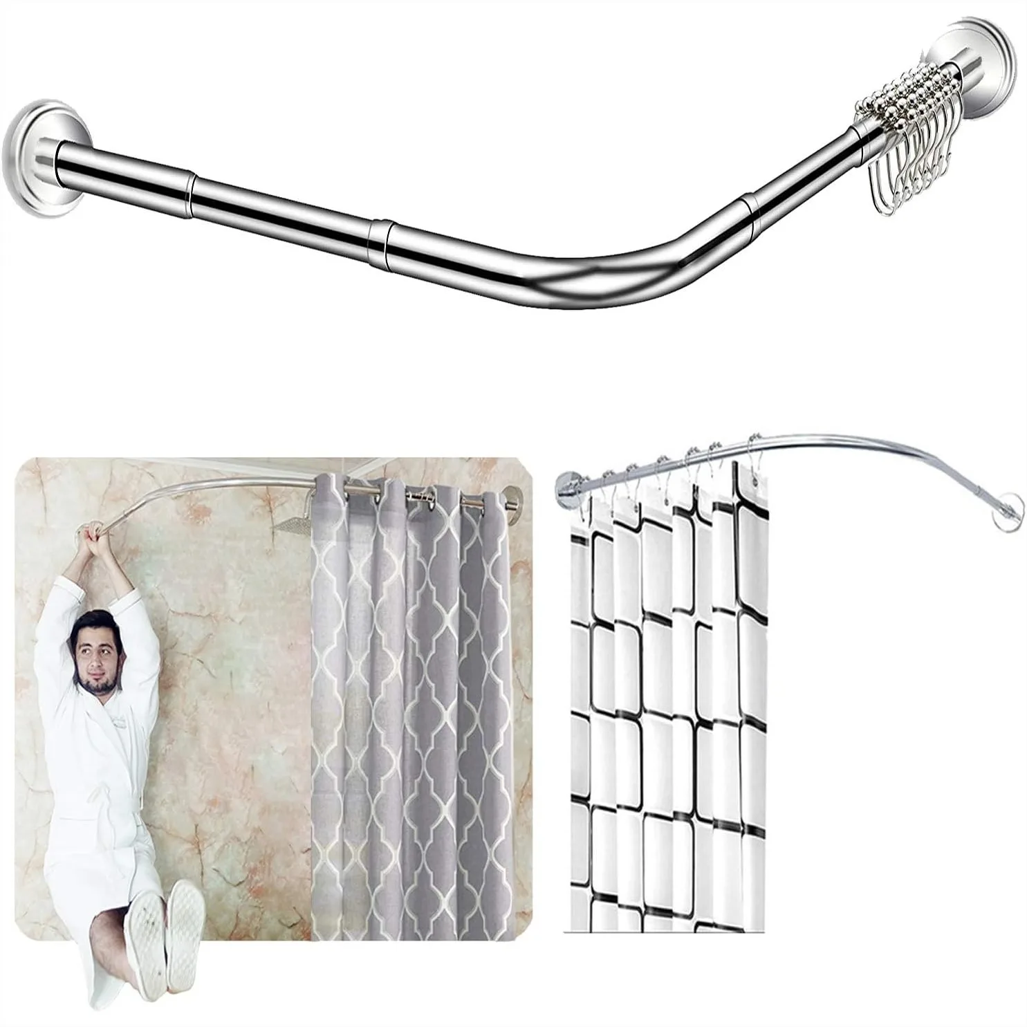 Stretchable Corner Shower Curtain Rod L-Shaped 24-32" x 32-48" Drill Free Install 304 Stainless Steel for Bathroom