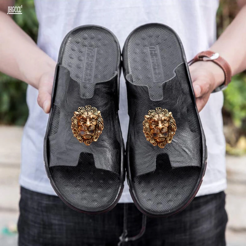 New slippers for men Summer Men\'s beach sandals Outdoor hollowed out cowhide rivets Flip-flops 47 48 large size