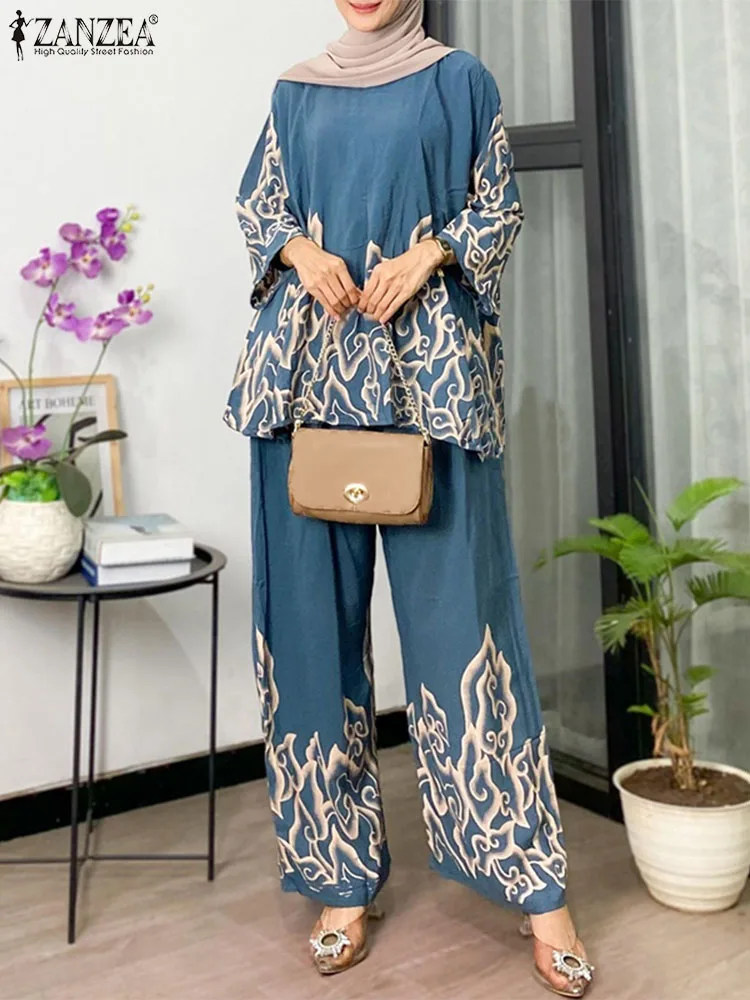 

ZANZEA Fashion Women Pant Suits 2024 Autumn Long Sleeve Tops and Pants Flame Print 2pcs Outfits Casual Loose Islamic Muslim Sets