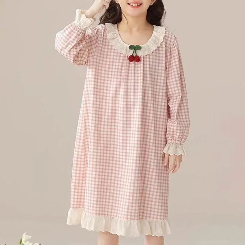 Girls Princess Cotton Nightgowns Mother Daughter Long Sleeve Nightdress Knitted Pajamas Kids  Bud Silk Sleepwear 4-20 Yer