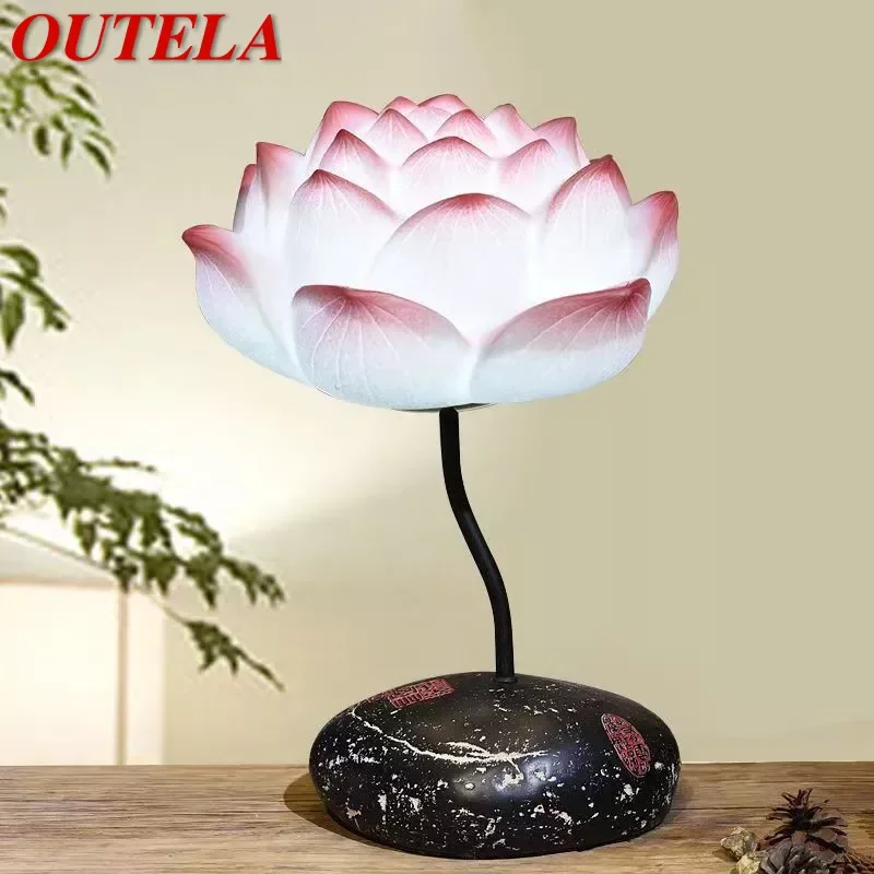 

OUTELA Contemporary Lotus Table Lamp Chinese Style Living Room Bedroom Tea Room Study Art Decorative Light