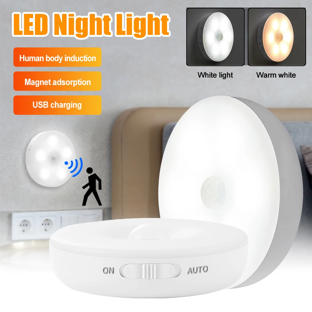 

New Motion Sensor LED Night Light USB Charged Bedroom Round Bedside Lights Stairs Hallway Cabinet Circle Magnetic Base Wall Lamp