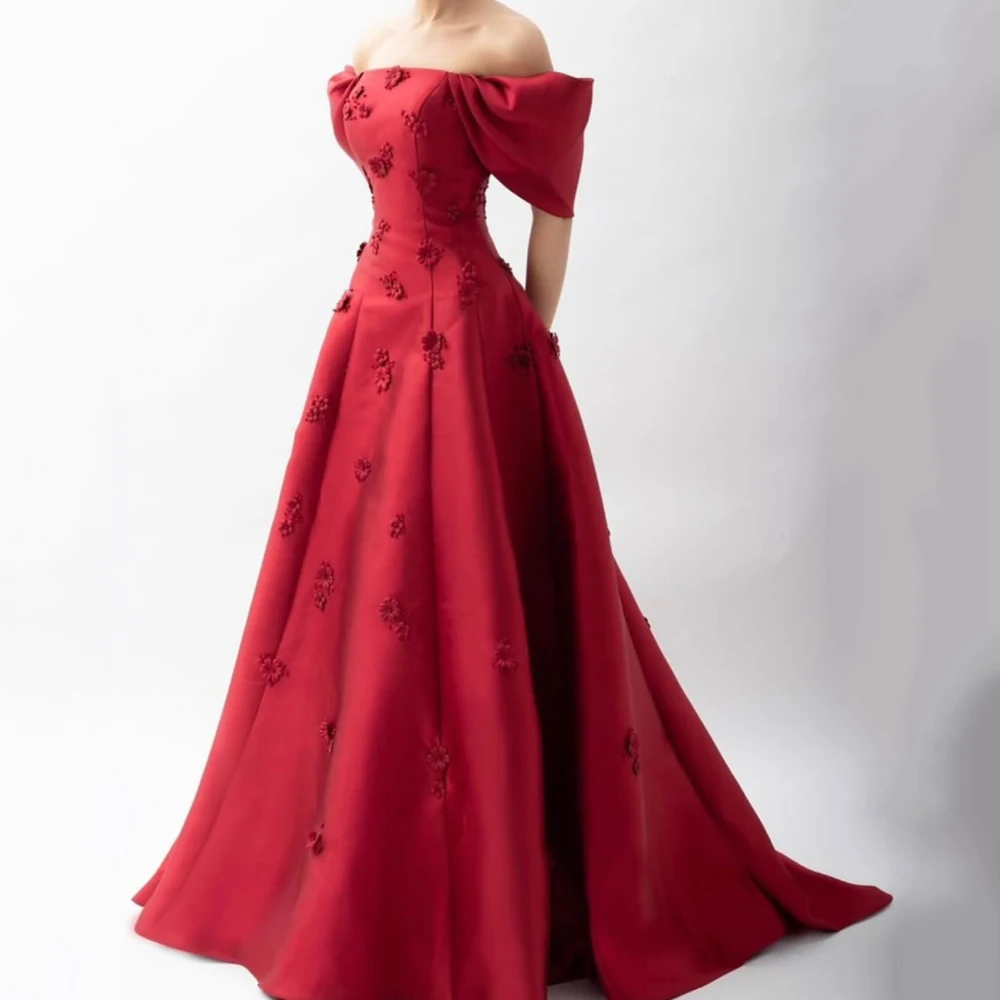 

Customized Boat Neck Red Satin A-line Evening Dress A-line Sweep Train Flower Appliques Party Gown Backless Floor Length Gown