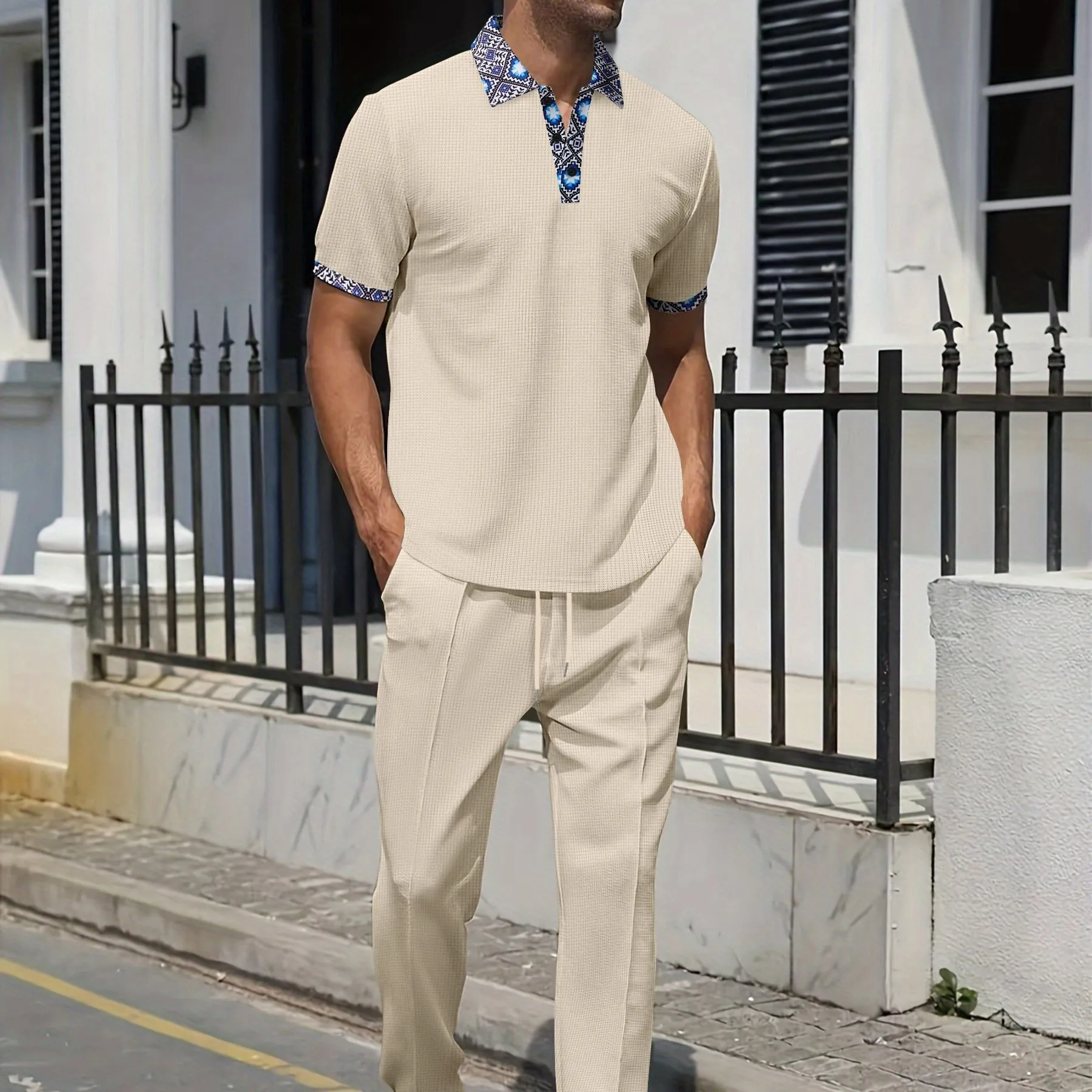 

Men's Casual Waffle Textured Polo Set Short Sleeve Patchwork Placket Top And Drawstring Long Pants For Daily, Vacation And Stree