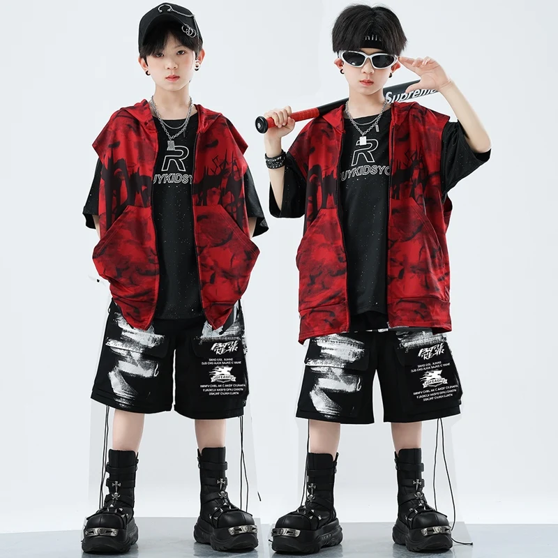 เด็ก Hip Hop Cool หลวมย้อมกางเกง Cargo Boys Street Dance สีแดง Hoodie เด็ก Streetwear วัยรุ่นเครื่องแต่งกายแจ๊สเสื้อผ้าชุด XH2908