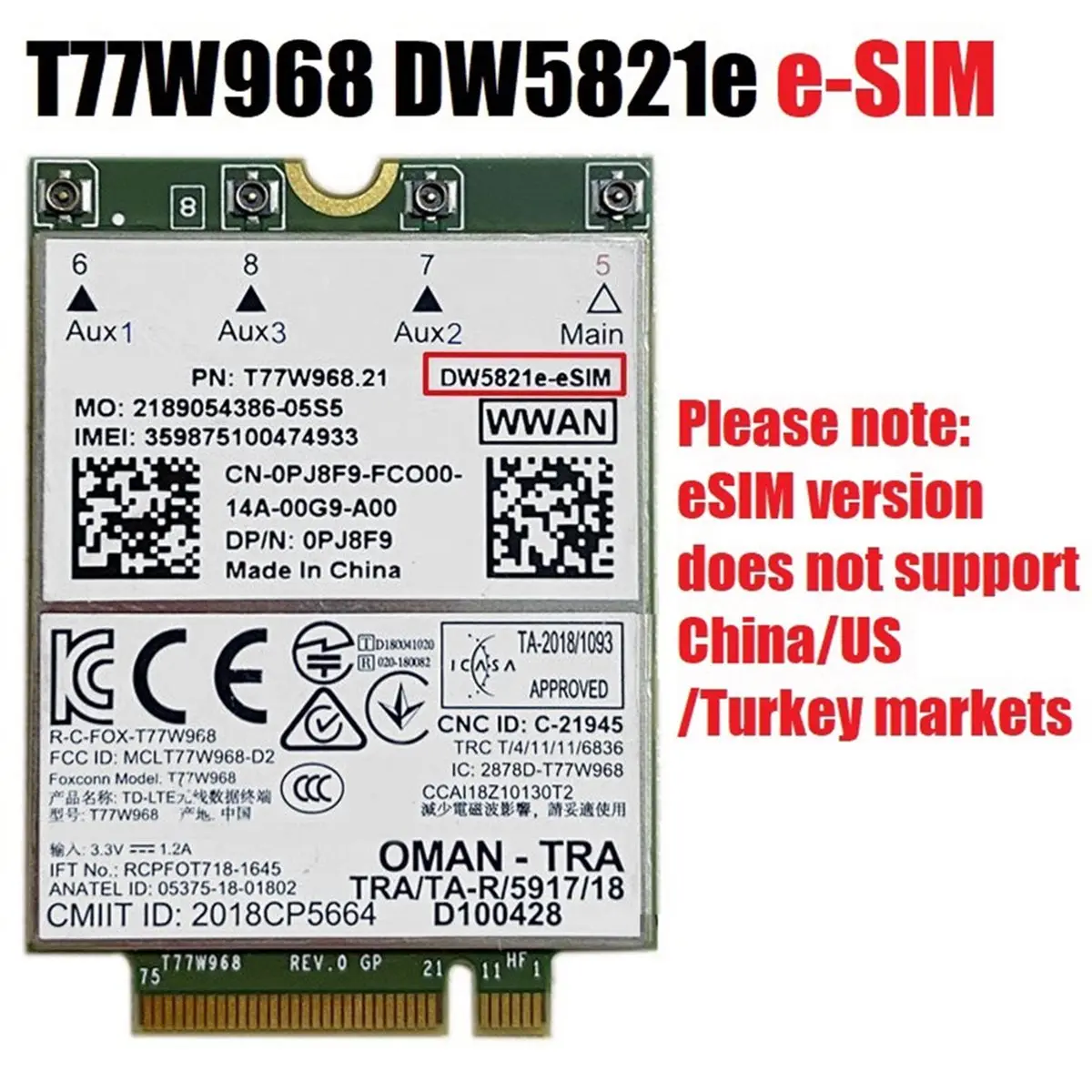 AAAE T77W968 DW5821e E-SIM 4G LTE Module CAT16 1Gbps FDD-LTE TDD-LTE E-SIM 4G Card Module Kit 5420 5424 7424 7400