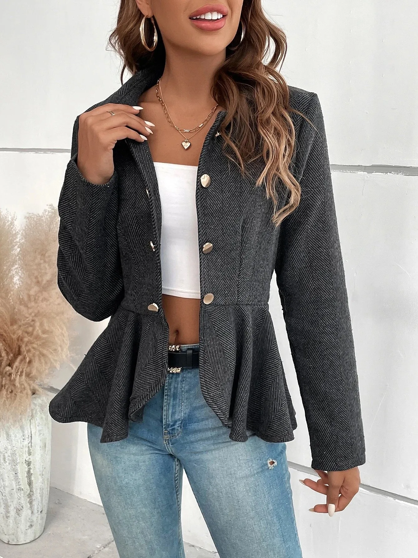 Women Blazer Double Breasted Ruffled Suit Slim Fit Padded Shoulder Coat Elegant