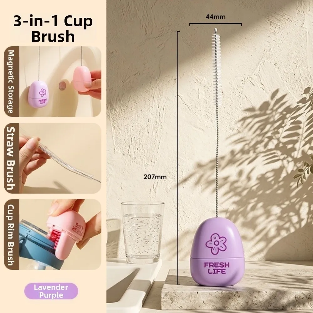 New 2in1 Straw Brush Magnetic Long Handle Cup Lid Brush Steel Wire Cup Cleaning Tool Household Cleaning