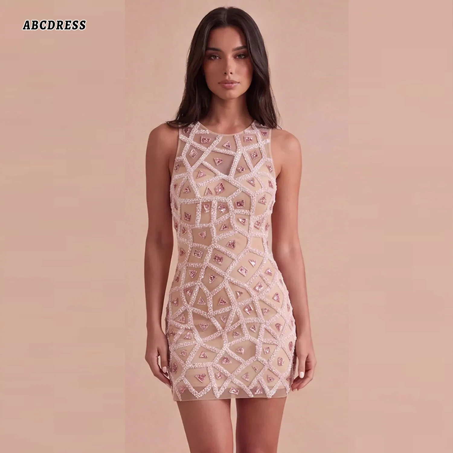 Customized Blush Sparkly Sequins Short Homecoming Dress Beaded Keyhole Cocktail Dress Bodycon Prom Gown