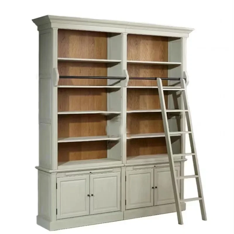 Light luxury solid wood apartment living room high-end bookshelf with ladder bookcase combination
