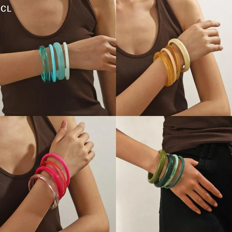 AttireTrove4Pcs/Set Bohemia Blue Translucent Acrylic Resin Bracelet Beach Vacation Bangle Stackable Lightweight Jewelry