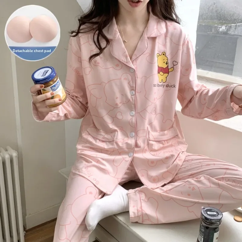 Cartoon Disney Winnie the Pooh pajamas winter new long-sleeved trousers two-piece set with chest pad loungewear women\'s pajamas
