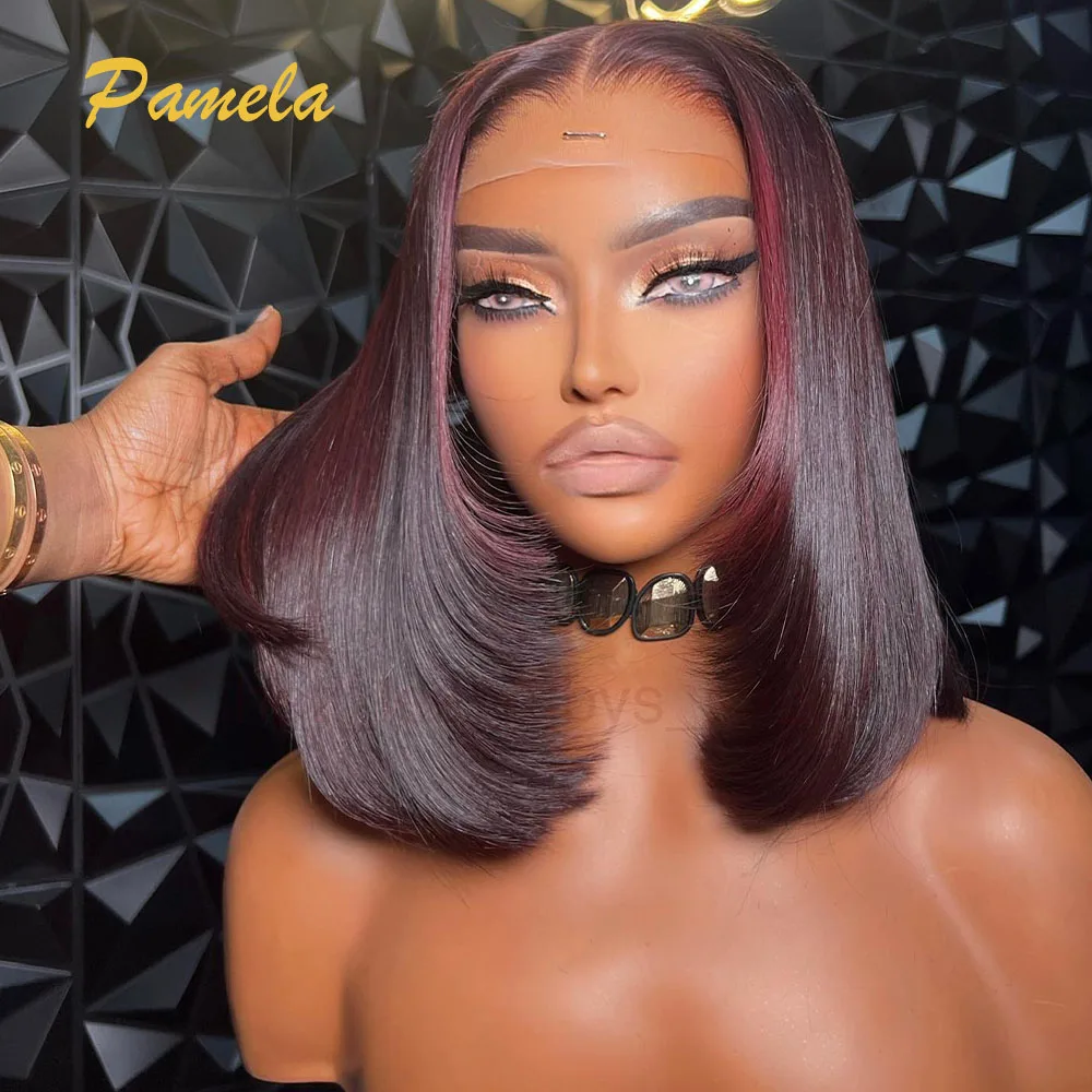 

Pixie Cut Short Bob Glueless Wig Human Hair Ready To Wear 250% Density Dark Red Bone Straight 13x4 Transparent Lace Front Wig