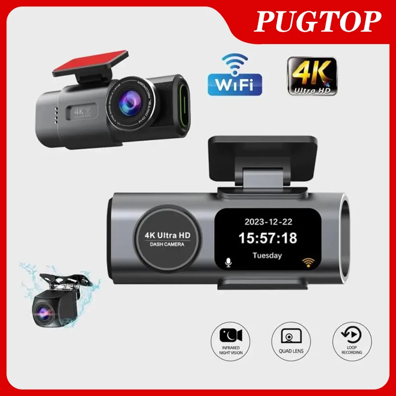 

PUGTOP 4K Dash Cam Dual Lens 3840*2160P Front 1080P Rear Ultra HD Car DVR Camera WIFI GPS Night Vision Video Recorder Black Box