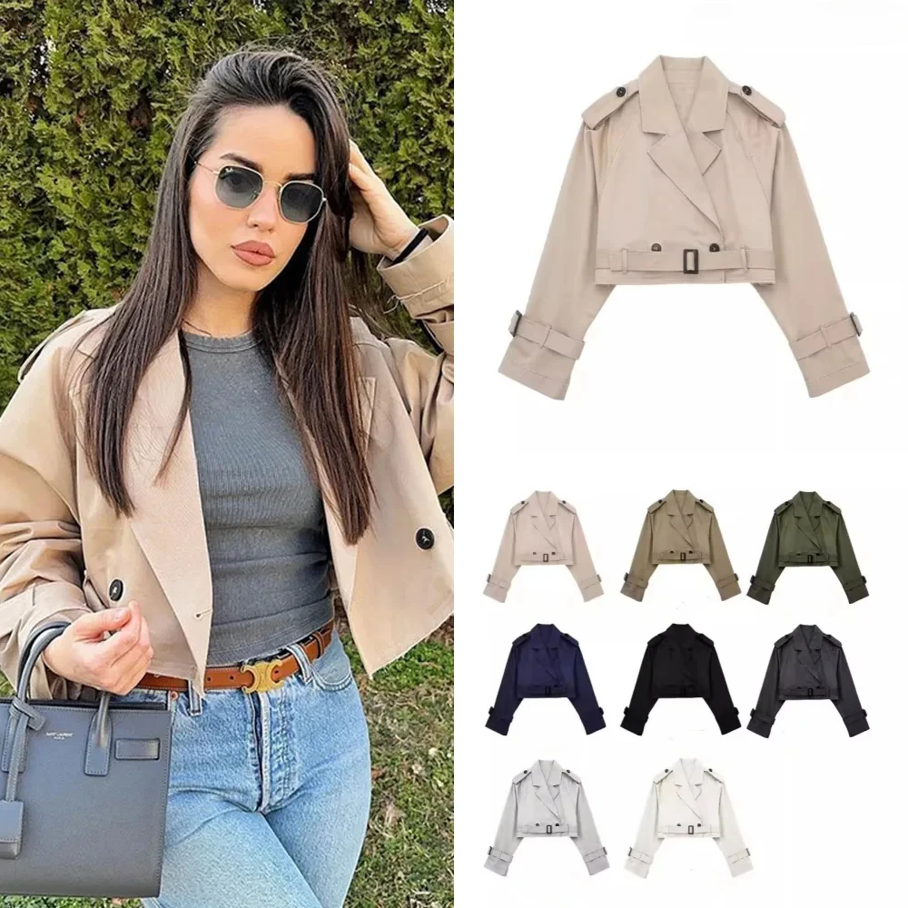 

BWQ 2025 укороченный плащ с поясом, весенняя куртка, женская винтажная уличная одежда, двубортный топ с длинными рукавами, женское пальто, наряды