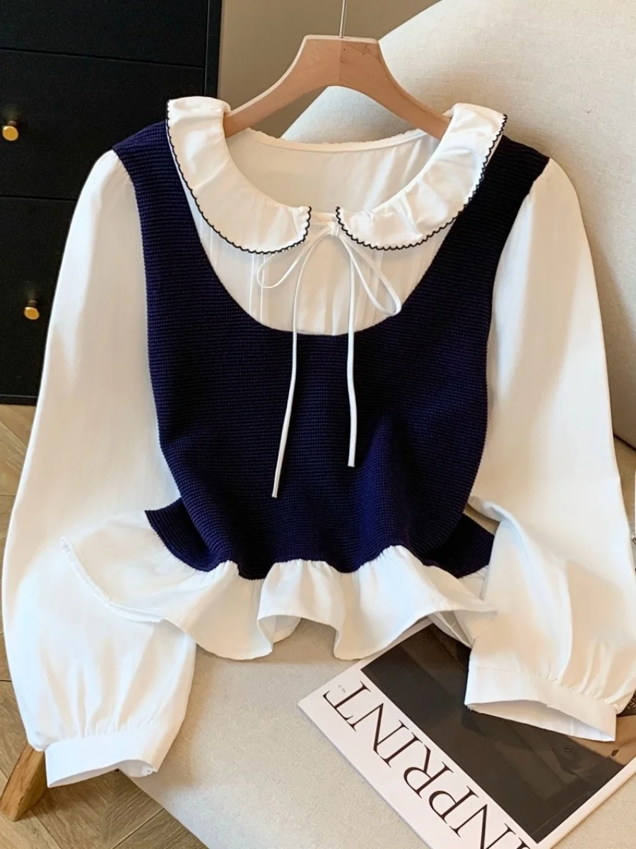 Self-Kept Sle Knitted Splice Doll Collar irt Women Early Autumn Anti-Aging College Wind Top Recommendations for You