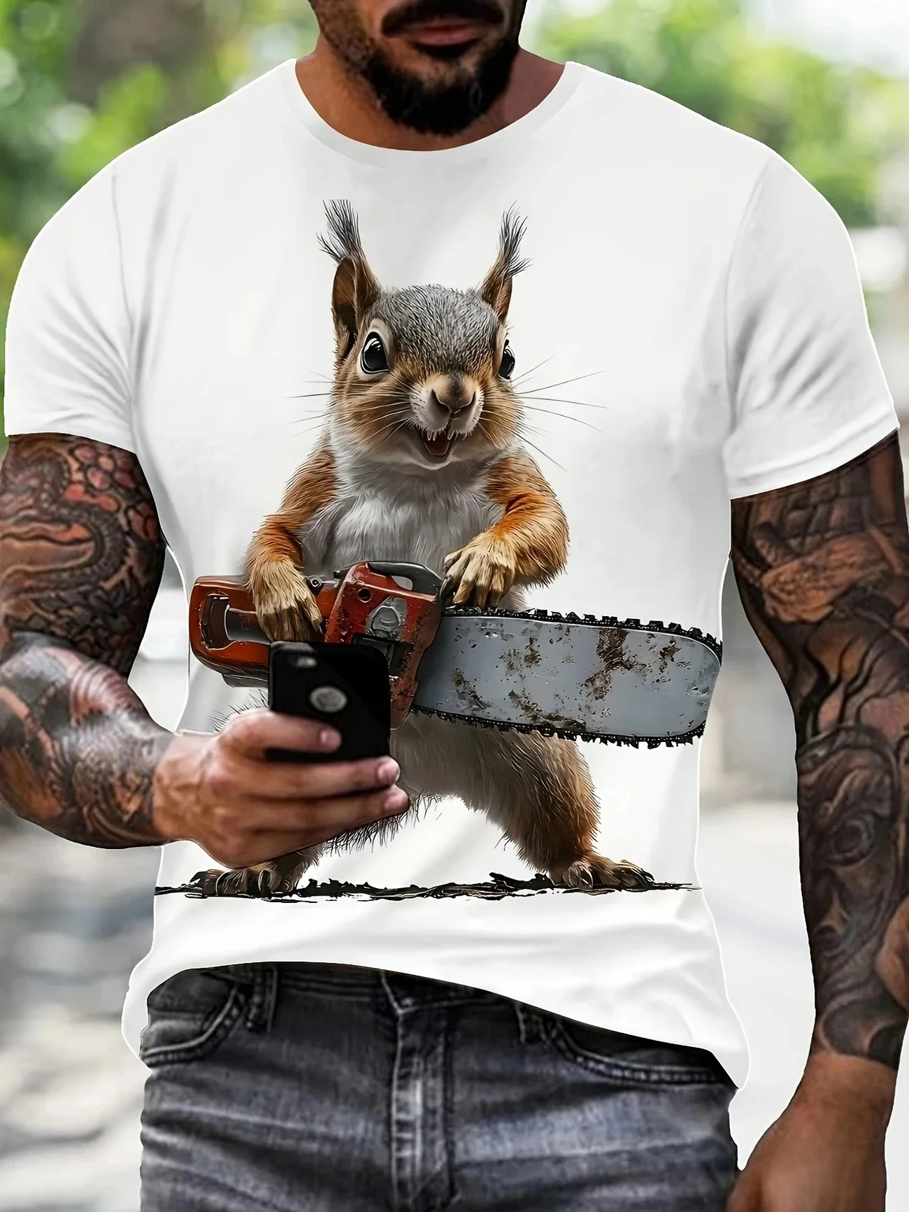 Funny Squirrel Print Short-sleeve T-shirt Men's Casual Round Neck Top Trendy Graphic Tee