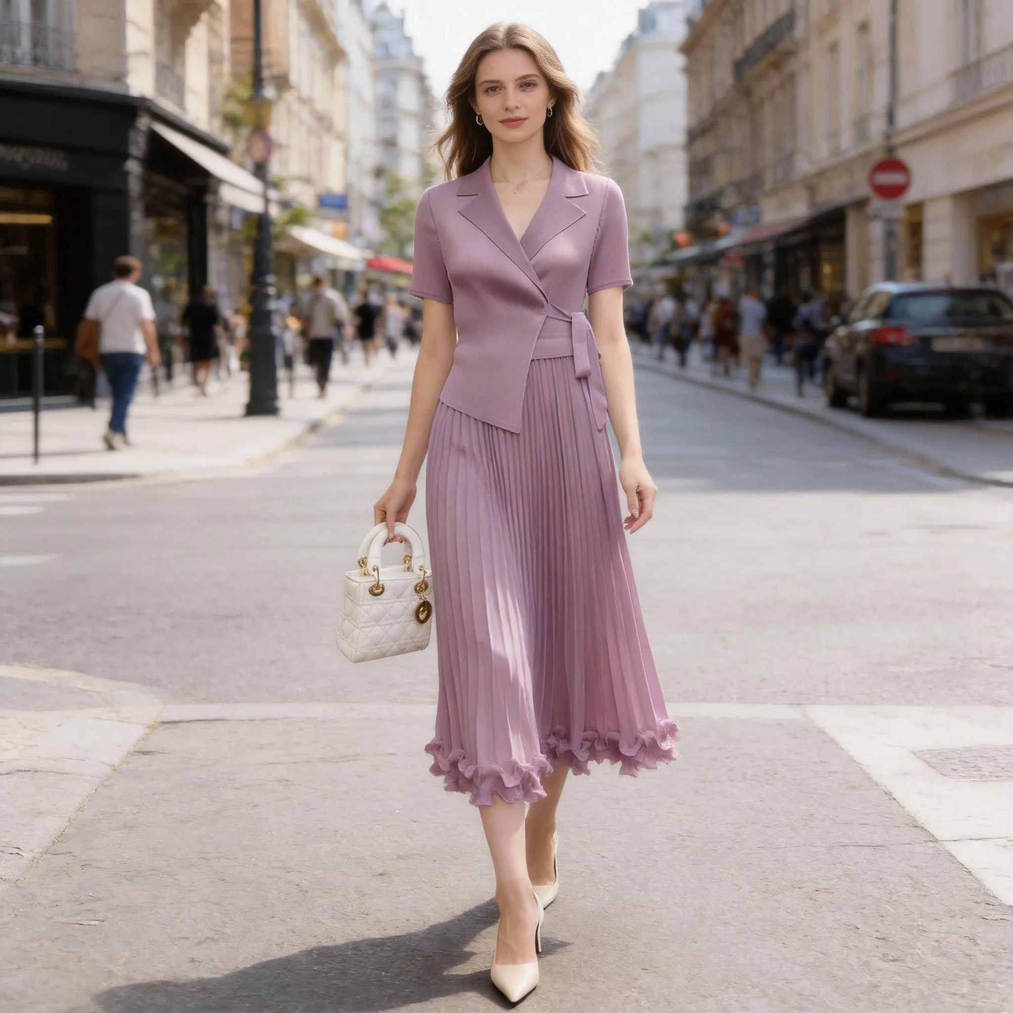 

Miyake Pleated Fake Two-piece Dress for Women 2026 New Retro Lace-up Suit Collar Short-sleeved Fungus Hem Loose Wide Swing Dress