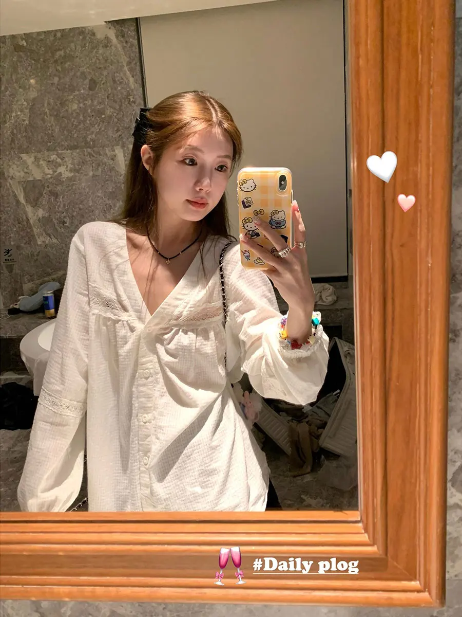 

Oguuo Sweet Hollow Texture Design Cotton White irt Women Loose Long Sve V-Ne Inner Wear irt Princ Sle Breathable