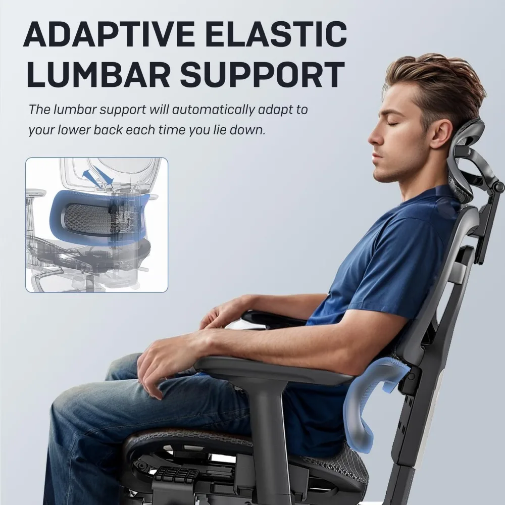 Breathable Mesh Chair with Adaptive Lumbar Support, 3D Headrest, Armrests, Retractable Footrest,Adjustable Backrest