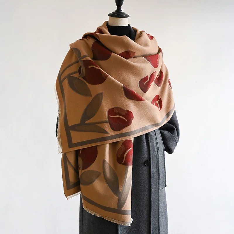 Écharpe imitation cachemire imprimé tulipe, design de marque de luxe, écharpe épaissie, châle silencieux, foulard, moufle, automne et hiver, nouveau, 2024