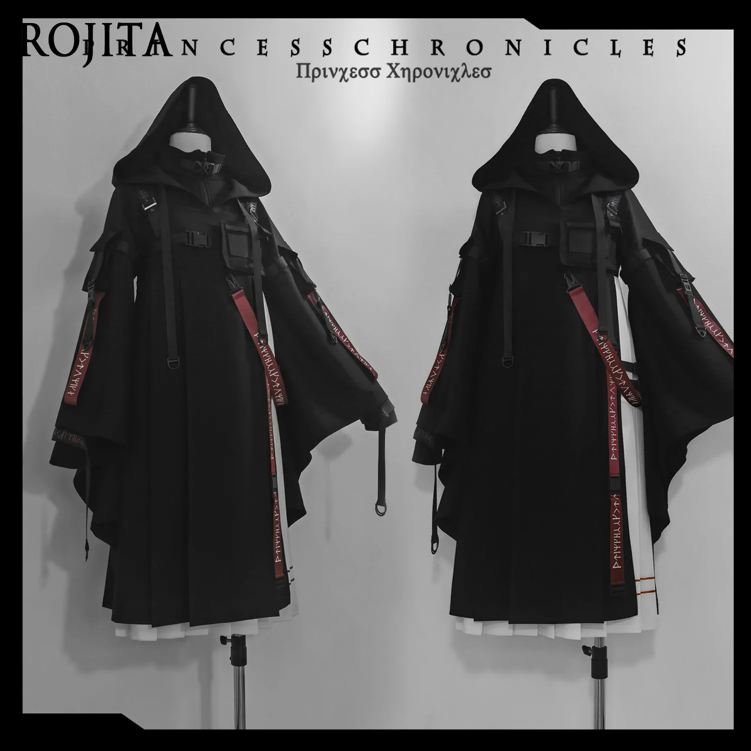 Gothic Lolita Hooded Cloak Women Irregular Asymmetrical Hem Rune Print Strap Hardware Dark Punk Open Front Cape Coat