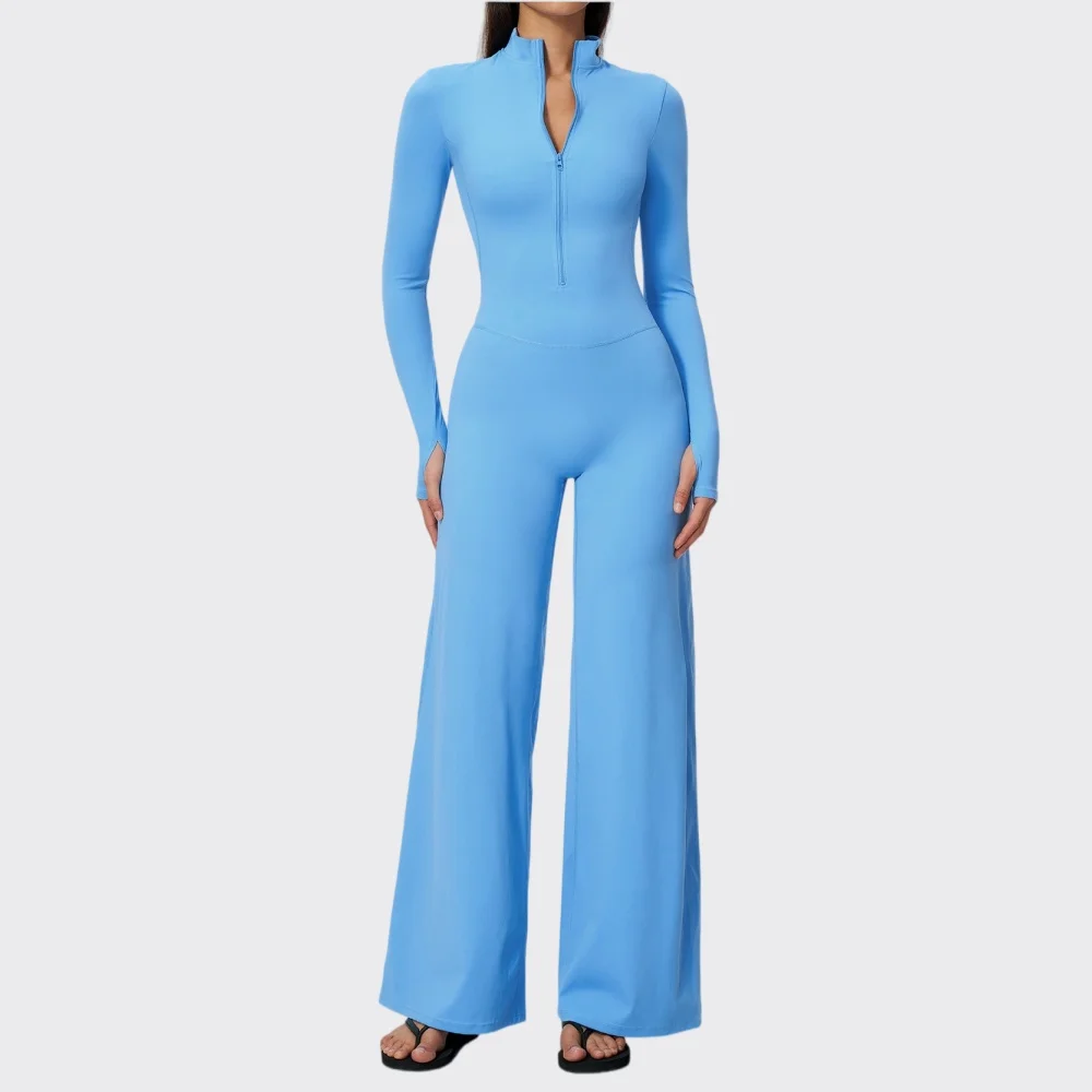 Yoga Bodysuit Long Sleeved Women Half Zip Fitness Jumpsuit Sportswear Yoga Clothes Thumb Hole Wide Leg Pants  One-piece Gym Set