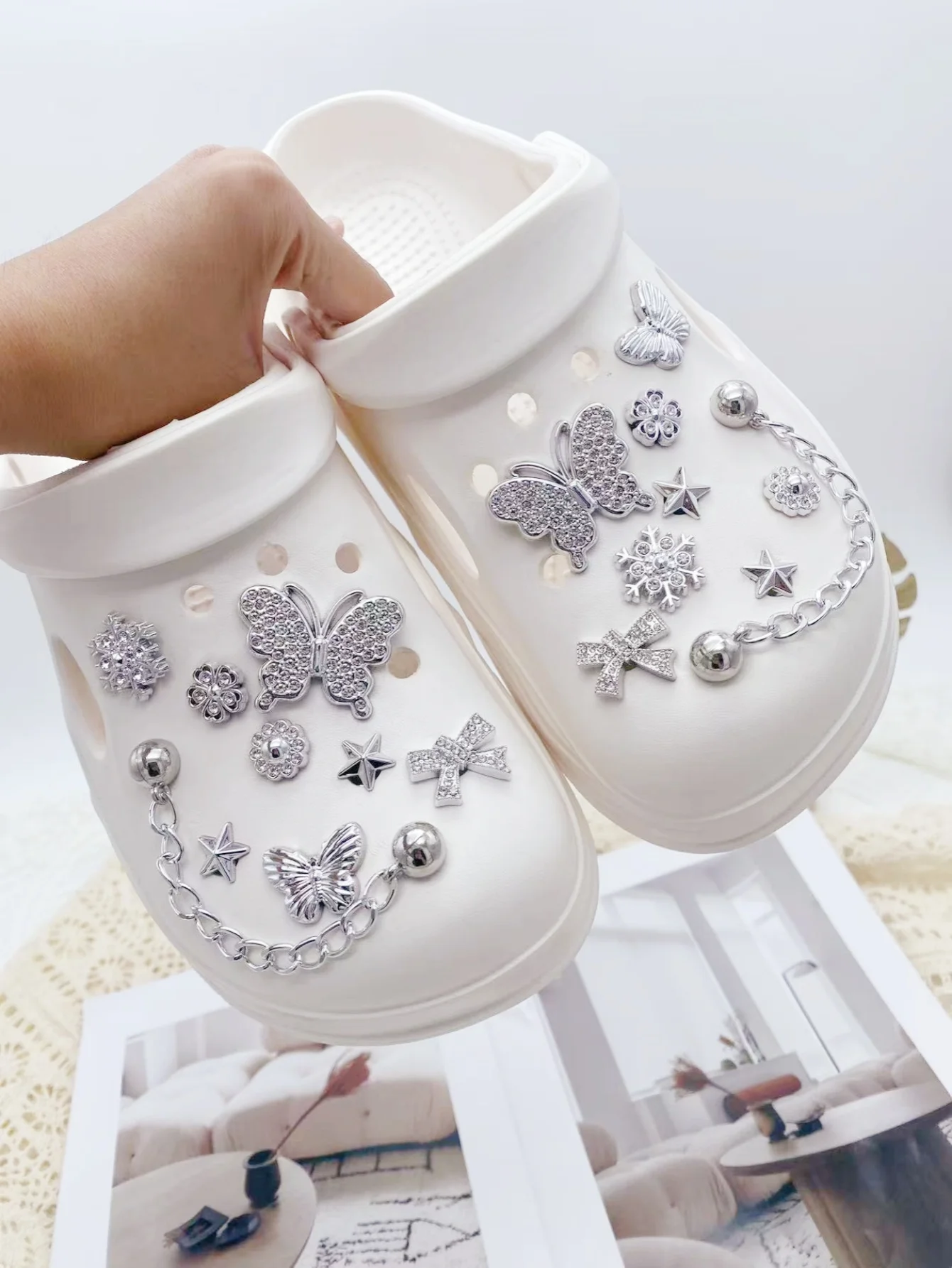 18 silver bead chains, butterfly, star, snowflake shoe buckle DIY decorations, multi-functional shoe clip accessories for women'