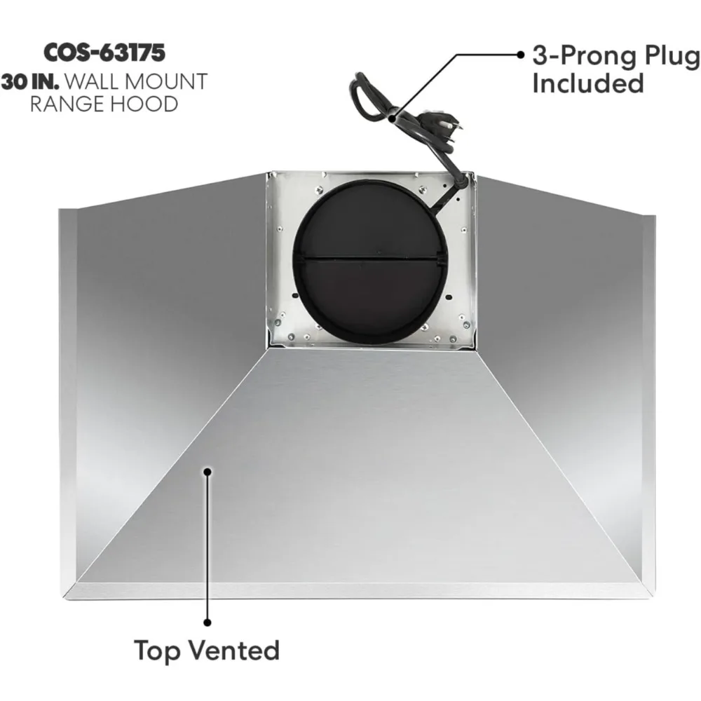 30 pulgadas. Campana extractora de montaje en pared con 380 CFM, con conductos, ventilador de 3 velocidades, filtros permanentes, luces LED, estilo chimenea sobre estufa