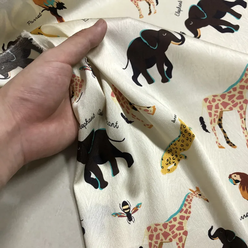 19 Momme Cartoon Animal Print Silk Designer Fabric Patterned Textile for Shirts and Tops, Textile for Handmade Clothing