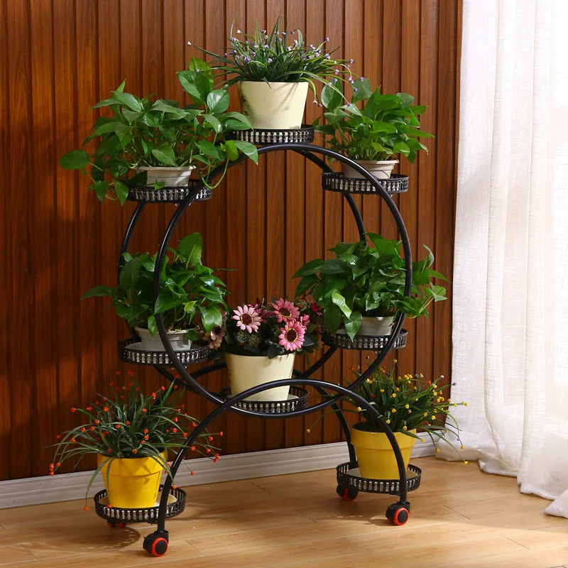 6 Holder Flower Stand Wrought Iron Multi-layer With Wheel Flower Pot Rack Living Room Balcony Movable Indoor Flower Pot Rack