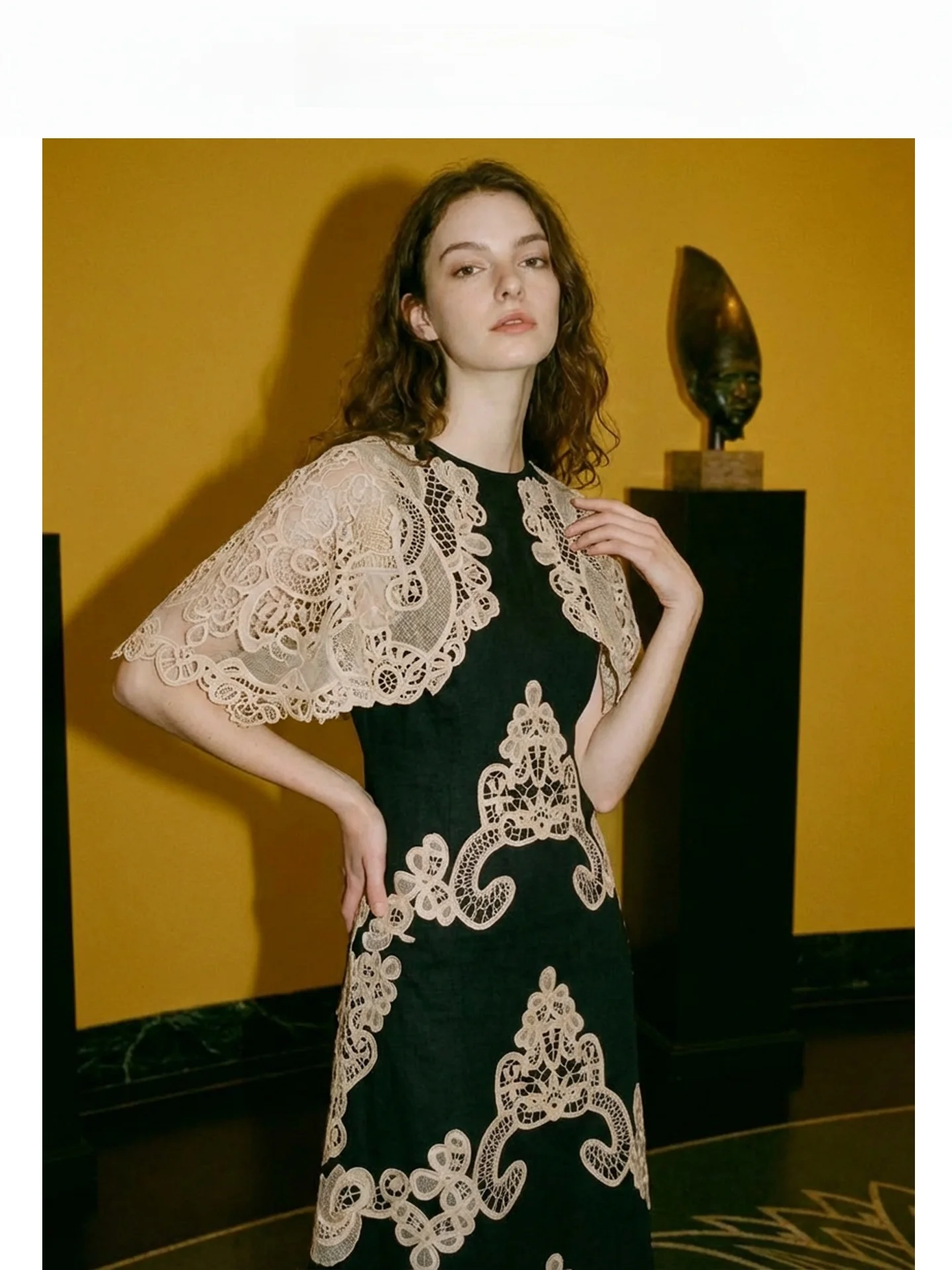 

Retro Court Style Heavy Embroidery Lace Splicing Shoulder Dress Women's Spring Elegance Slimming Cotton Linen Long Dress