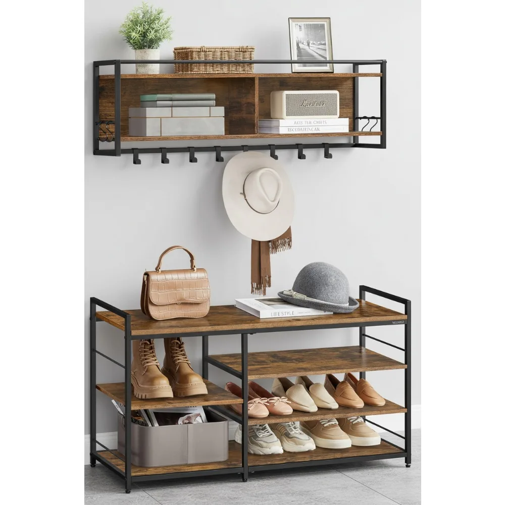 

Multifunctional Entryway Hall Tree with Shoe Bench, 12 Hooks & 4-Tier Rack, Rustic Brown for Home Organization