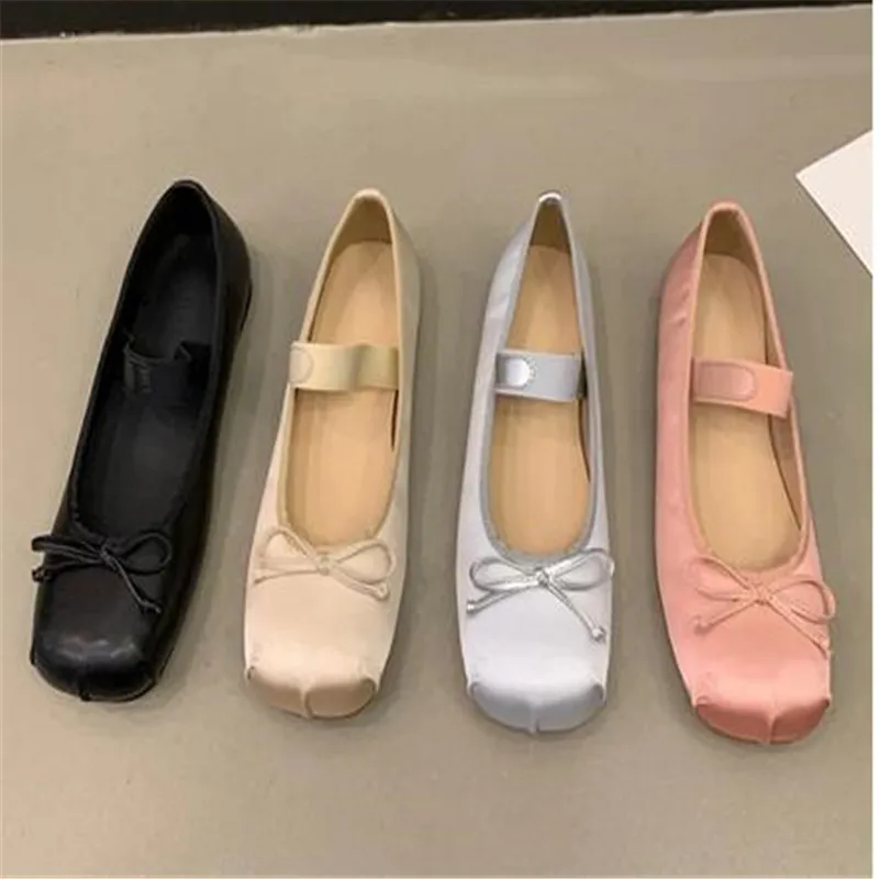 

Luxury Satin Silk Ballet Shoes Woman Classic Square Toe Bowtie Elastic Band Ballerina Flats Ladies Soft Loafers