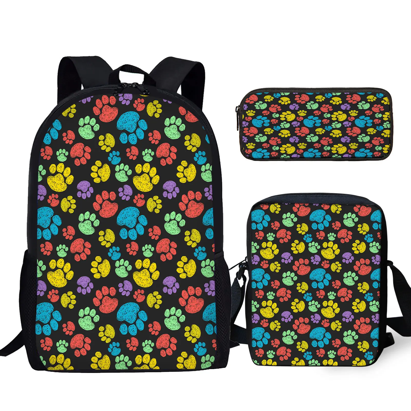 Cartoon Paw Print School Bag 3Pcs/Set Student Campus Bookbag with Lunch Bag Pencil Bag Teen Boys Girls Casual Storage Backpack