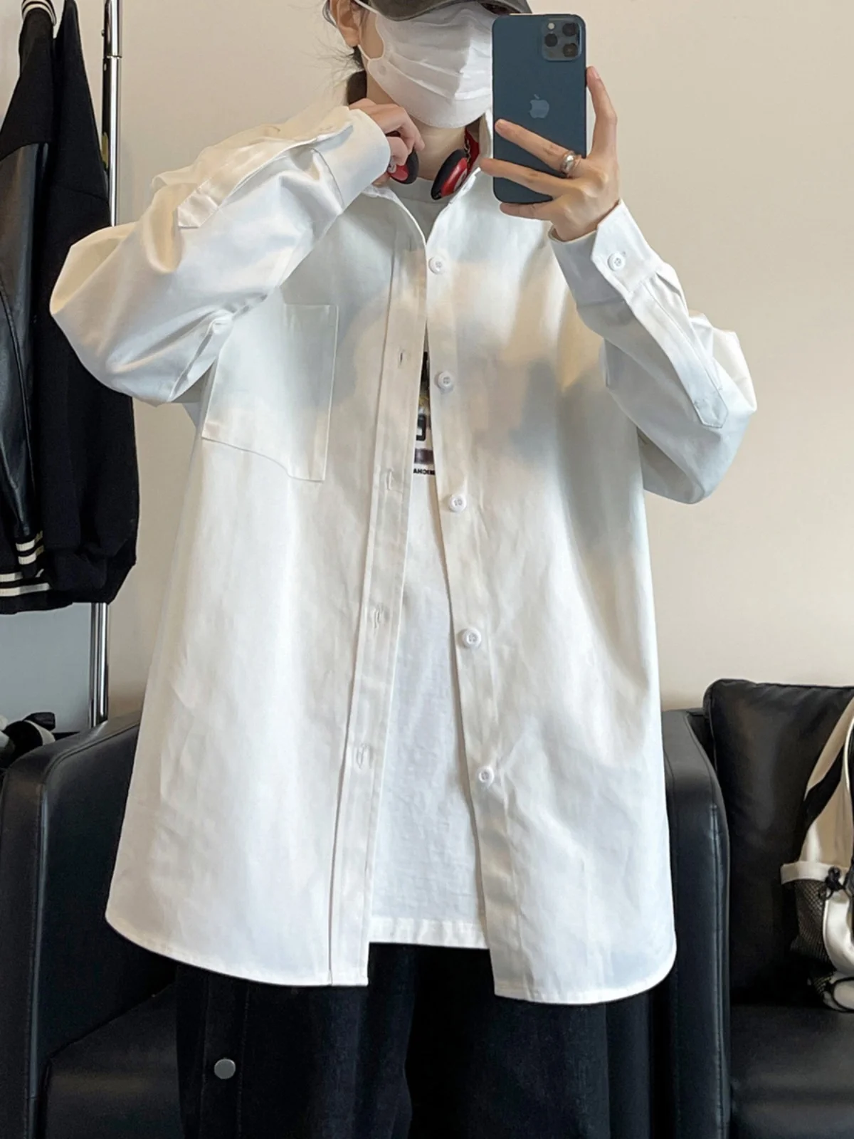 

Pure White Oversize Long Sve Collared Men's Spring Autumn Casual Loose Outerwear irt Trendy Brand Youthful Sle