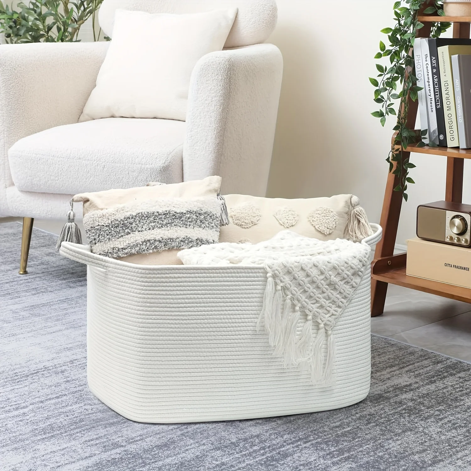 Classic Large Woven Storage Basket, Cotton Thread Woven Storage Basket, Square Decorative Box Organization and Decoration