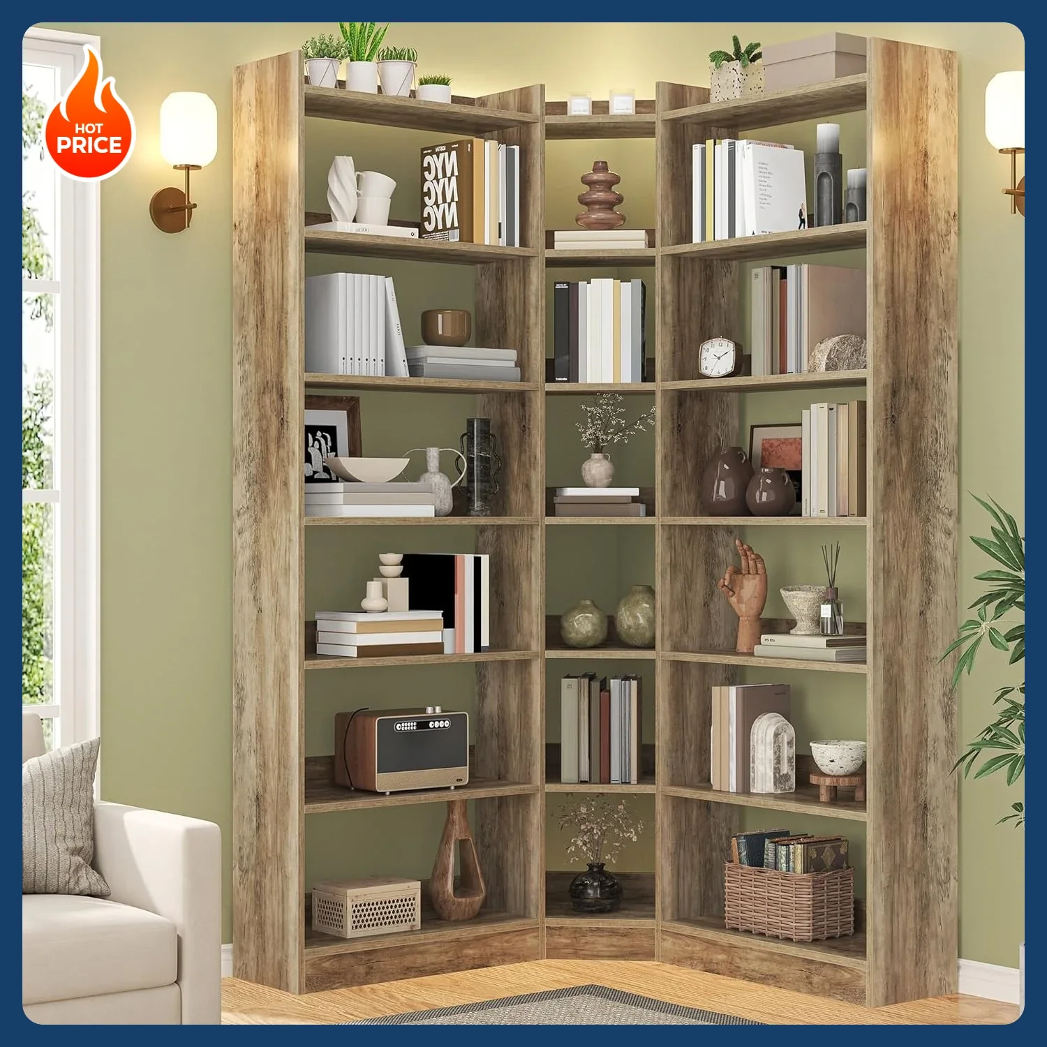 [Nuovo arrivo! ] Libreria angolare alta 8,8", librerie Etagere grandi a 7 livelli con deflettori, espositore moderno a forma di L