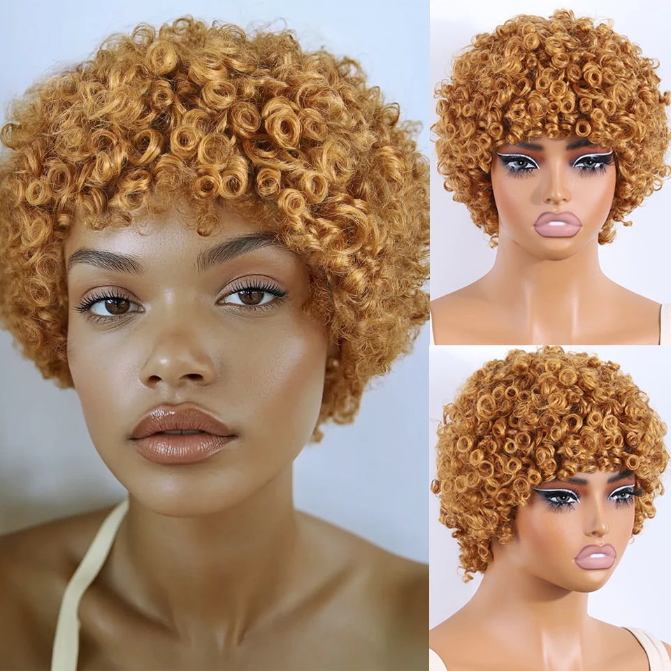 

Blond Color Pixie Cut Human Hair Wigs For Women Afro Rose Curly Funmi Glueless Wigs with Bangs Short Bouncy Curly Bob Wig